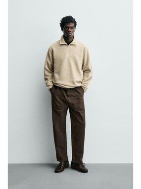 Zara Mens Textured Sweatshirt sweater 1/4 zip Small Ecru ivory 4087/366 NWT